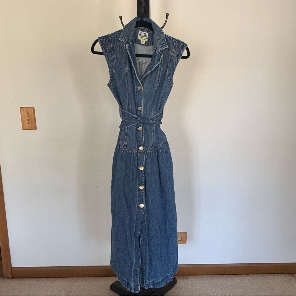 Denim Midi Shirt Dress with Tie Waist - Blue